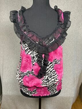 Dizzy Lizzy L Pink Floral Zebra Print Ruffle Blouse Y2K Whimsigoth Boho
